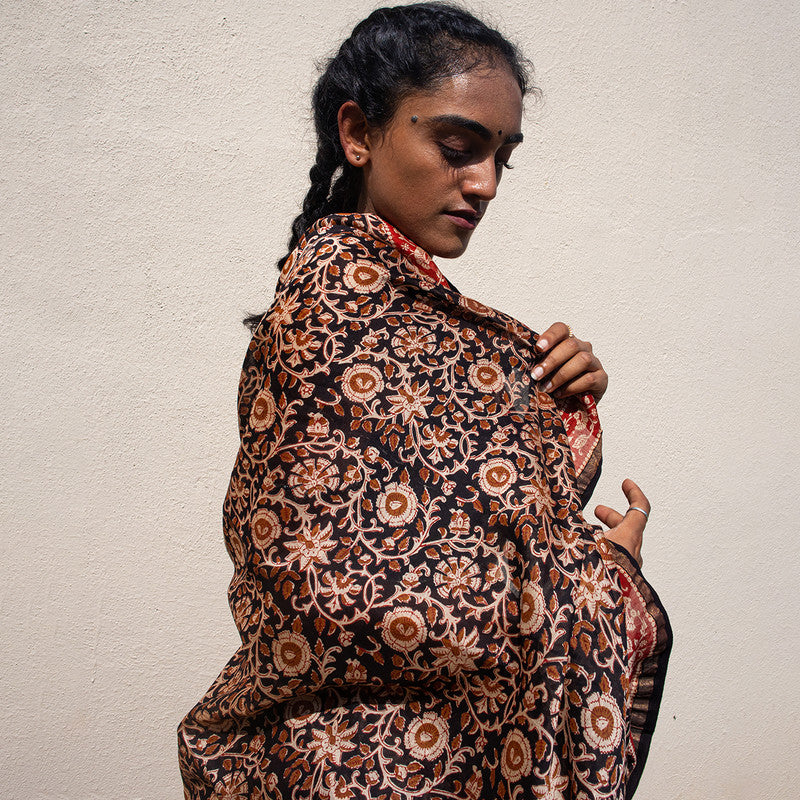 Festive Wear | Chanderi Handblock Printed Bagru Saree | Black & Red、mySite、camillekostekn