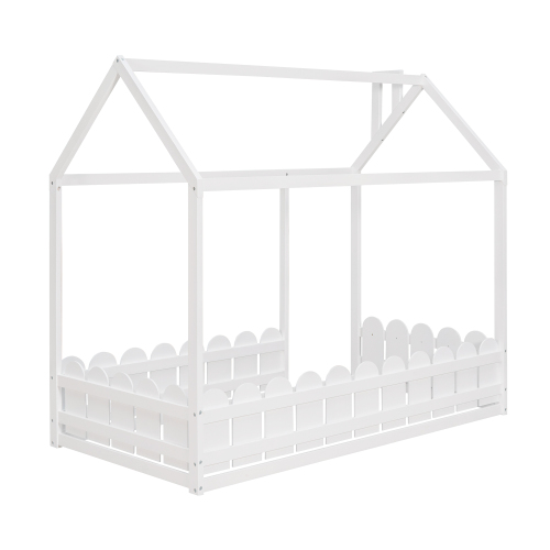 {Slats are not included}Twin Size Wood Bed House Bed Frame with Fence,for Kids,Teens, Girls,Boys {White}{OLD SKU:WF194274AAK}、、casual