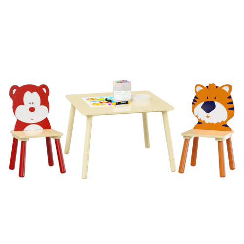 Kids Table and 2 Chairs Set, 3 Pieces Toddler Table and Chair Set, Wooden Activity Play Table Set (Lion&Monkey)、、casual