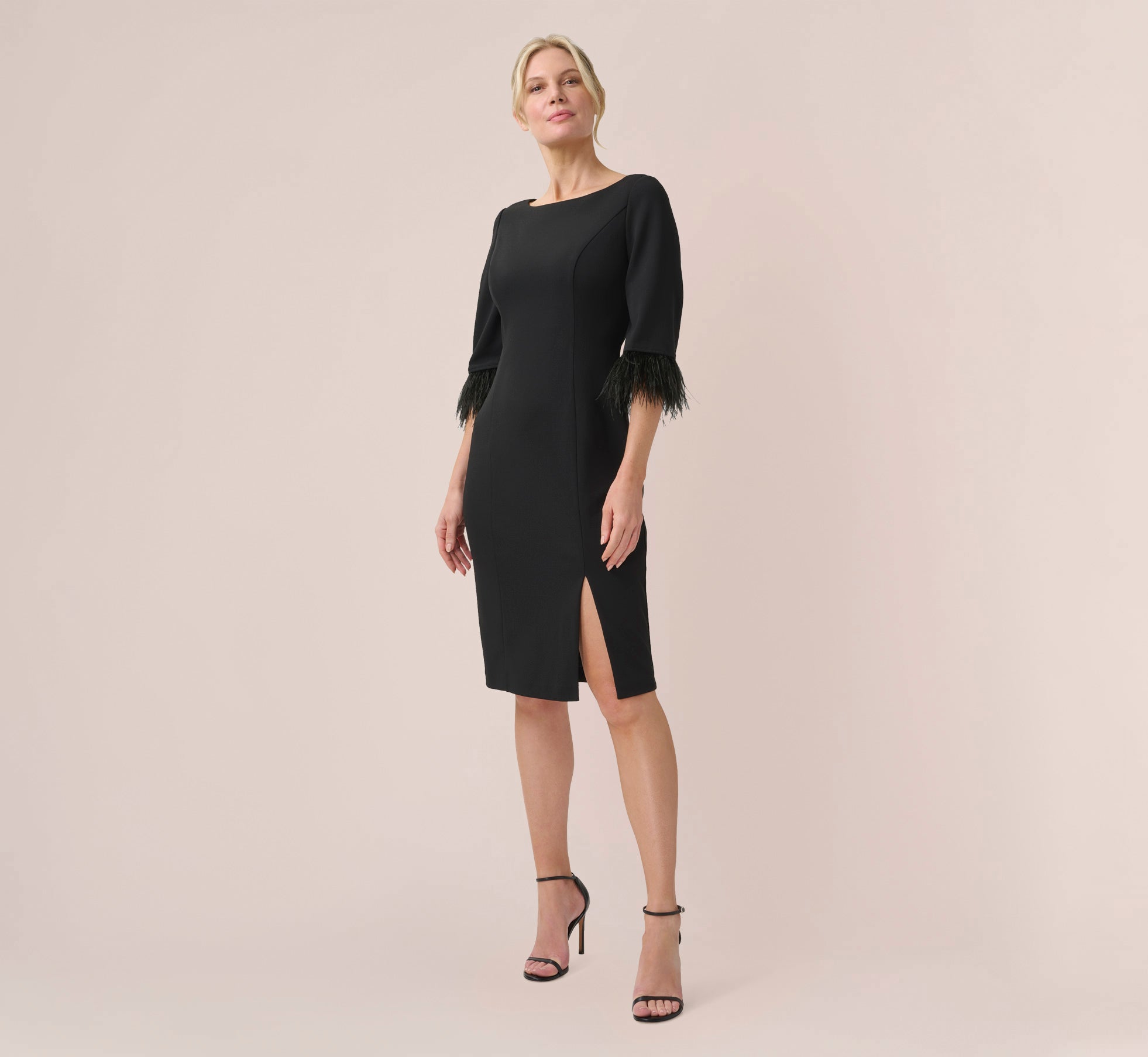 Crepe Sheath Dress With V-Back And Feather-Trim Sleeves In Black、mySite、solidvoid