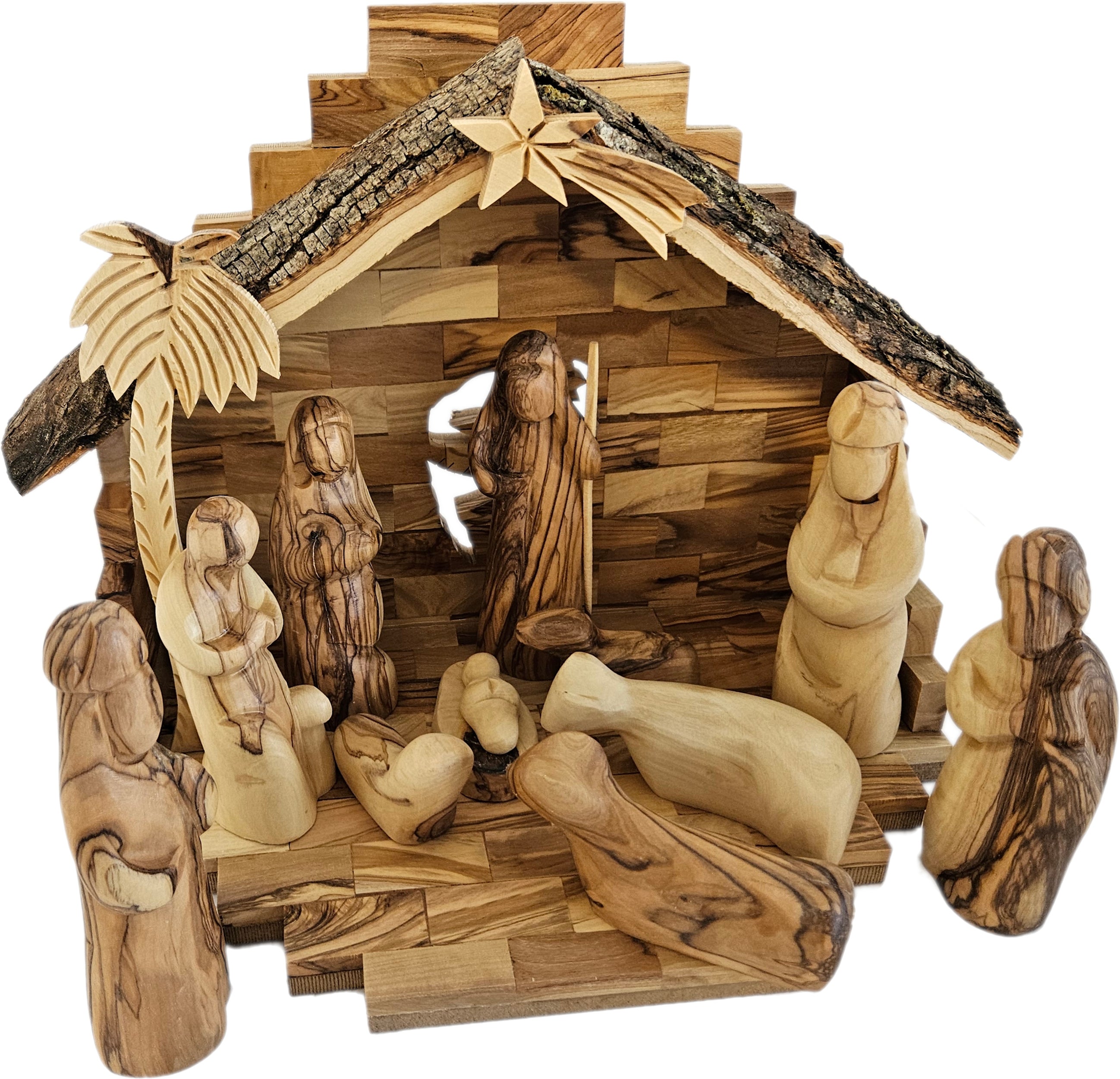 Holy Land Market Traditional Olive Wood Nativity Set - Antique Style Bethlehem Stable, 12 Handmade Pieces - Christmas Decorations Indoor for Christmas Christians, Table Decor with Booklet、mySite、topwebapps