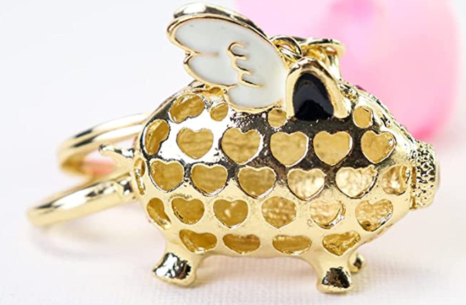 Pink Flying Pig Sparkling Angelic Piggy Gold Finish Keychain、mySite、g9winljtr