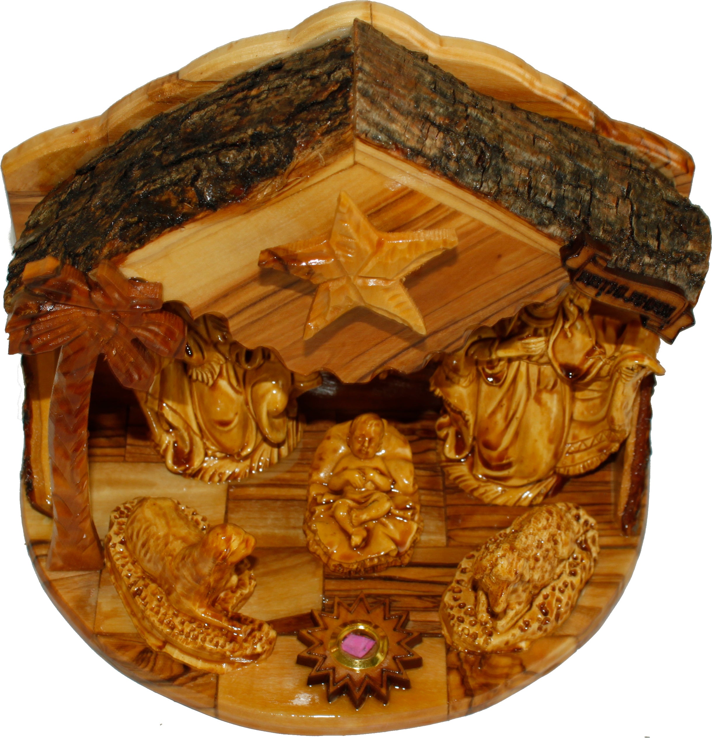  Holy Land Market Musical Olive Wood Nativity Set with Rustic Stable (Bark Roof) - Glued Alabaster Pieces、mySite、elrpsem3k