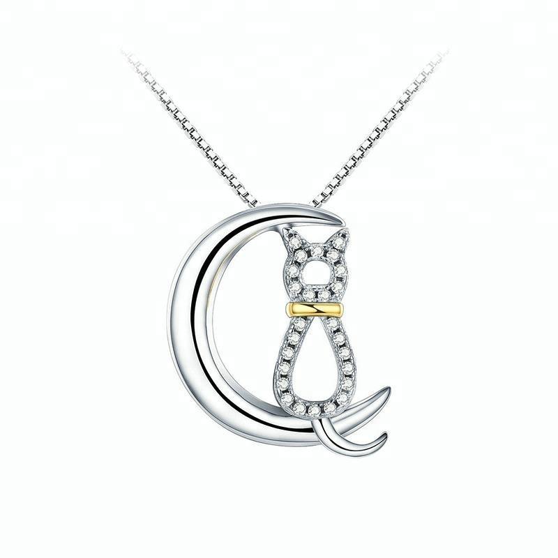 Cat in the Moon Necklaces with CZ in solid 925 Silver, Elegant and Sweet!、mySite、g9winljtr