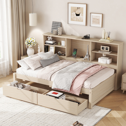 Twin Size Bed Frame With Side Bookshelves, Two Drawers, And Built-in USB Port For Natural Color、、xpatfood