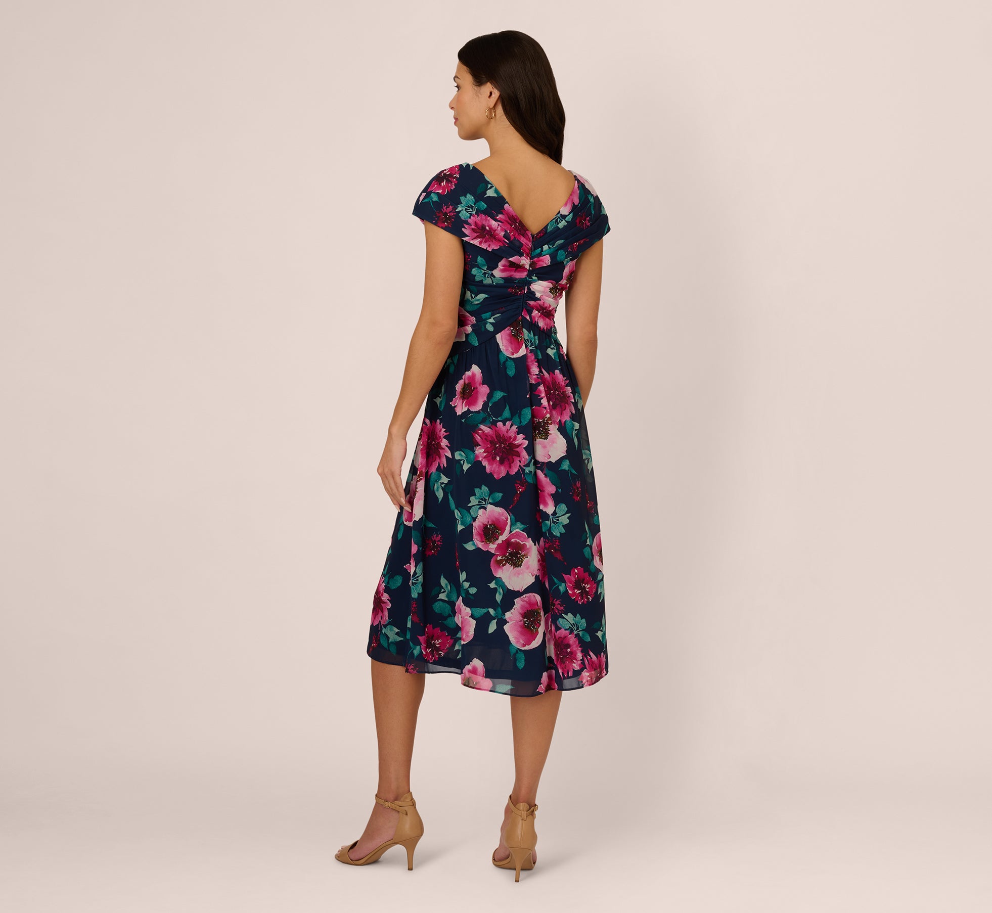 Cap Sleeve Floral Chiffon A Line Midi Dress In Navy Pink Multi、mySite、solidvoid