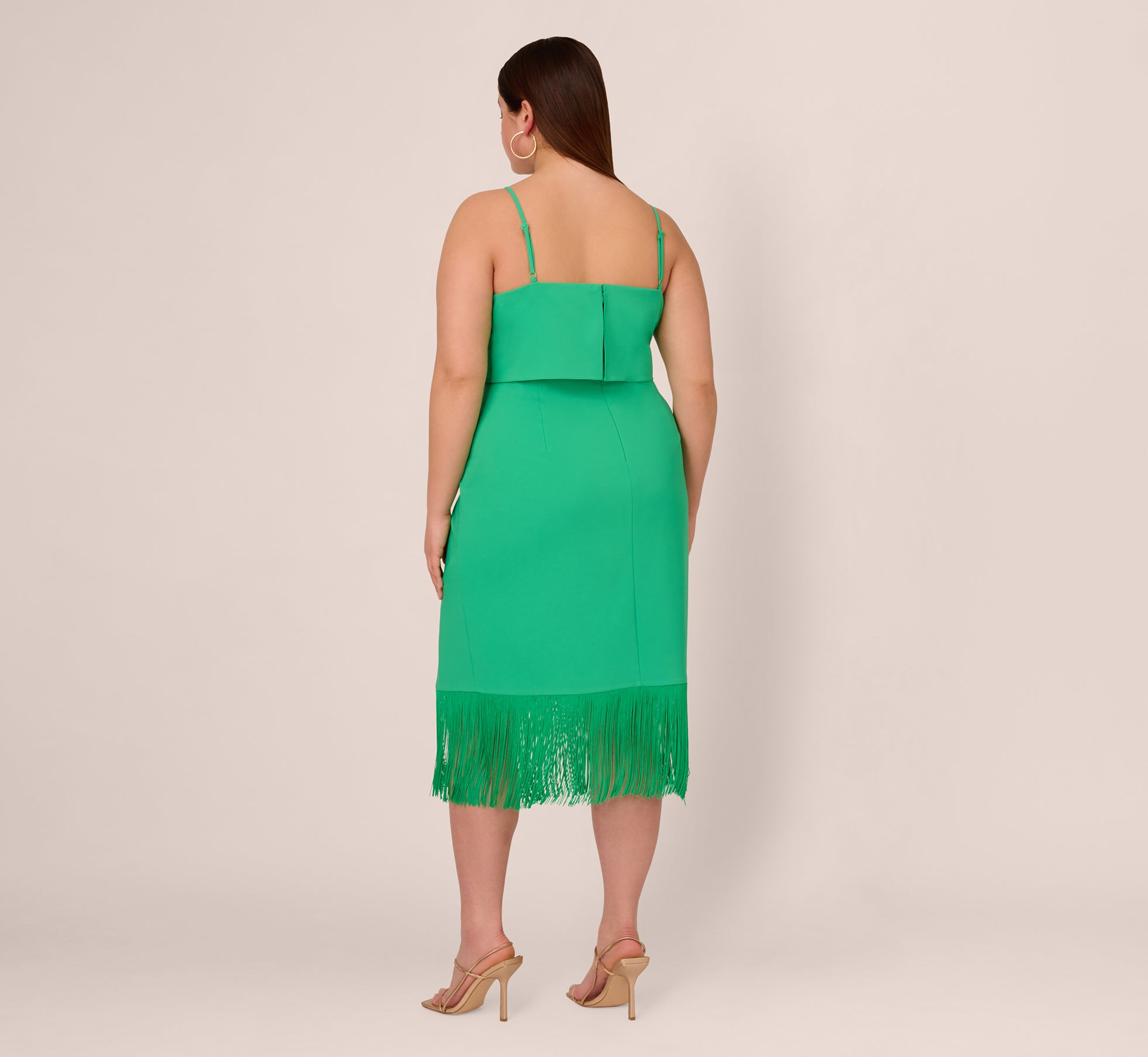 Plus Size Stretch Crepe Popover Midi Dress With Fringe Hem In Summer Green、mySite、solidvoid