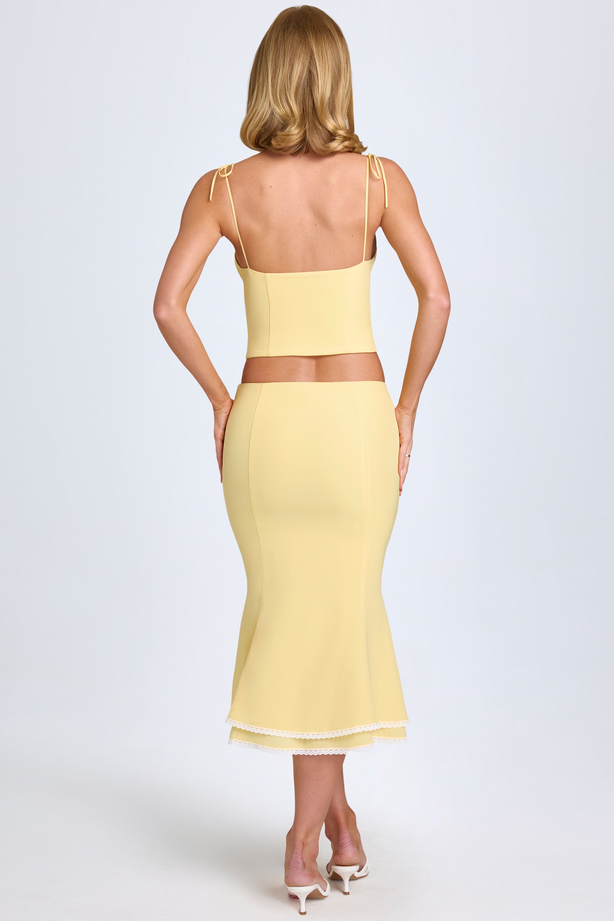 Lace-Trim Mid-Rise Midaxi Skirt in Pastel Yellow、mySite、solidvoid