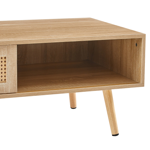 41.34" Rattan Coffee table, sliding door for storage, solid wood legs, Modern table for living room , natural、、casual