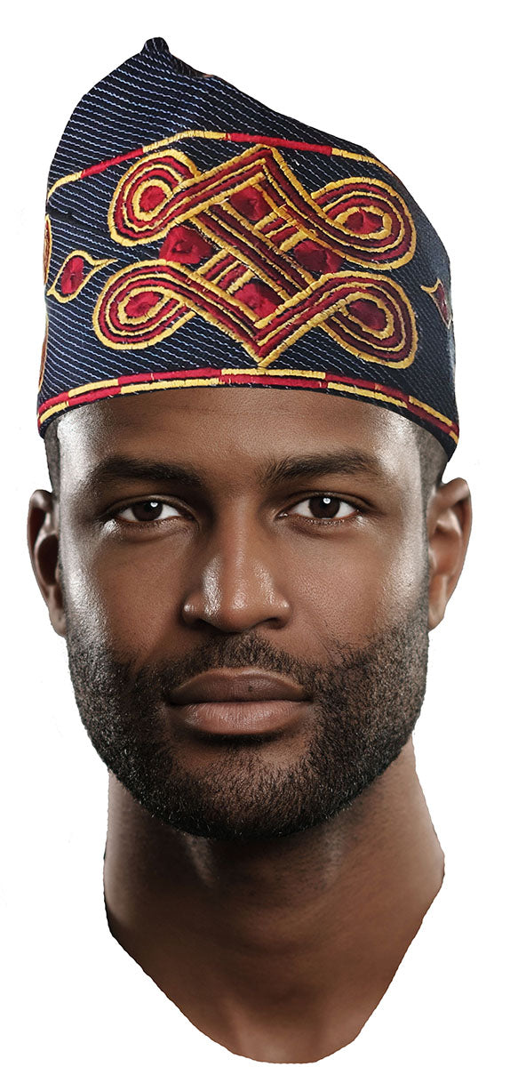 Navy-Blue-Embroidered-African-Hand-woven-Aso-Oke-Hat、mySite、solidvoid