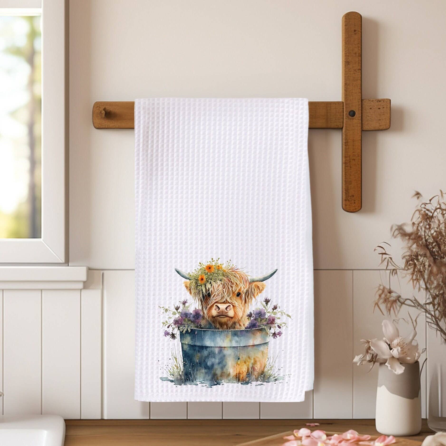 Highland Cow Hand Towel, Farmhouse Kitchen, Rustic Décor、mySite、g9winljtr