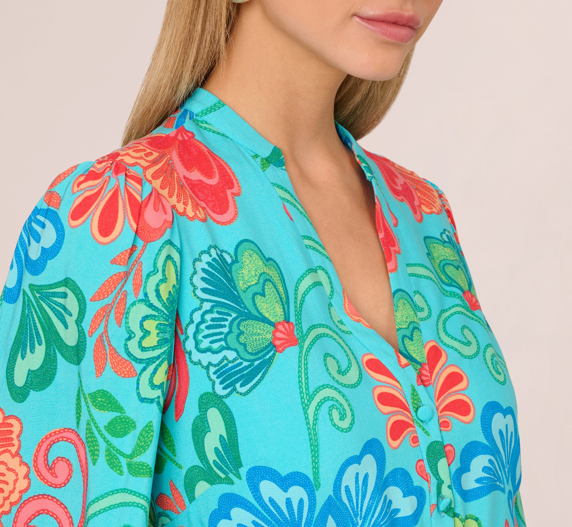 Long Sleeve Printed Flounce Dress In Blue Multi、mySite、solidvoid