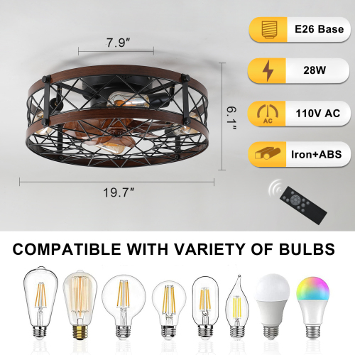 Caged Ceiling Fans with Lights Black, 20 inch Flush Mount Ceiling Fan Light, Farmhouse Small Ceiling Fan with Light Fixture, Reversible Fan for Bedroom (Including E26 bulbs)、、eastwooduniform
