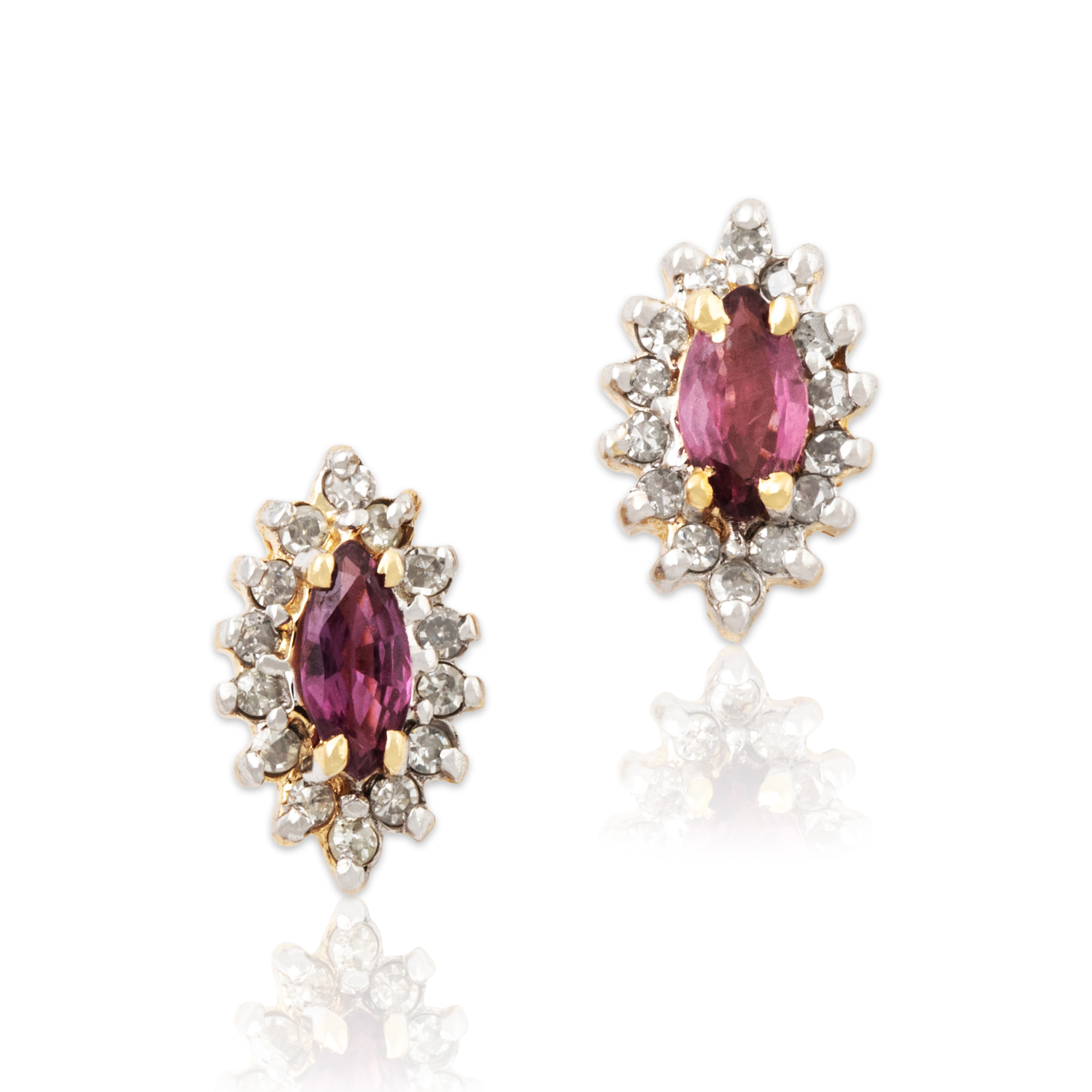 Vintage 14k Yellow Gold Ruby Diamond Marquise Halo Stud Earrings、mySite、hinf8tx79