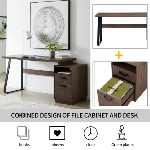 Home Office Computer Desk with Drawers/Hanging Letter-size Files, 65 inch Writing Study Table with Drawers、、casual