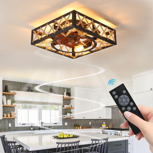 Farmhouse Rustic Ceiling Fan and Remote Control,Square Caged Industrial Ceiling Fixture with 6 Speeds & Noiseless DC Motor for Kitchen Dining Room Living Room Bedroom、、eastwooduniform