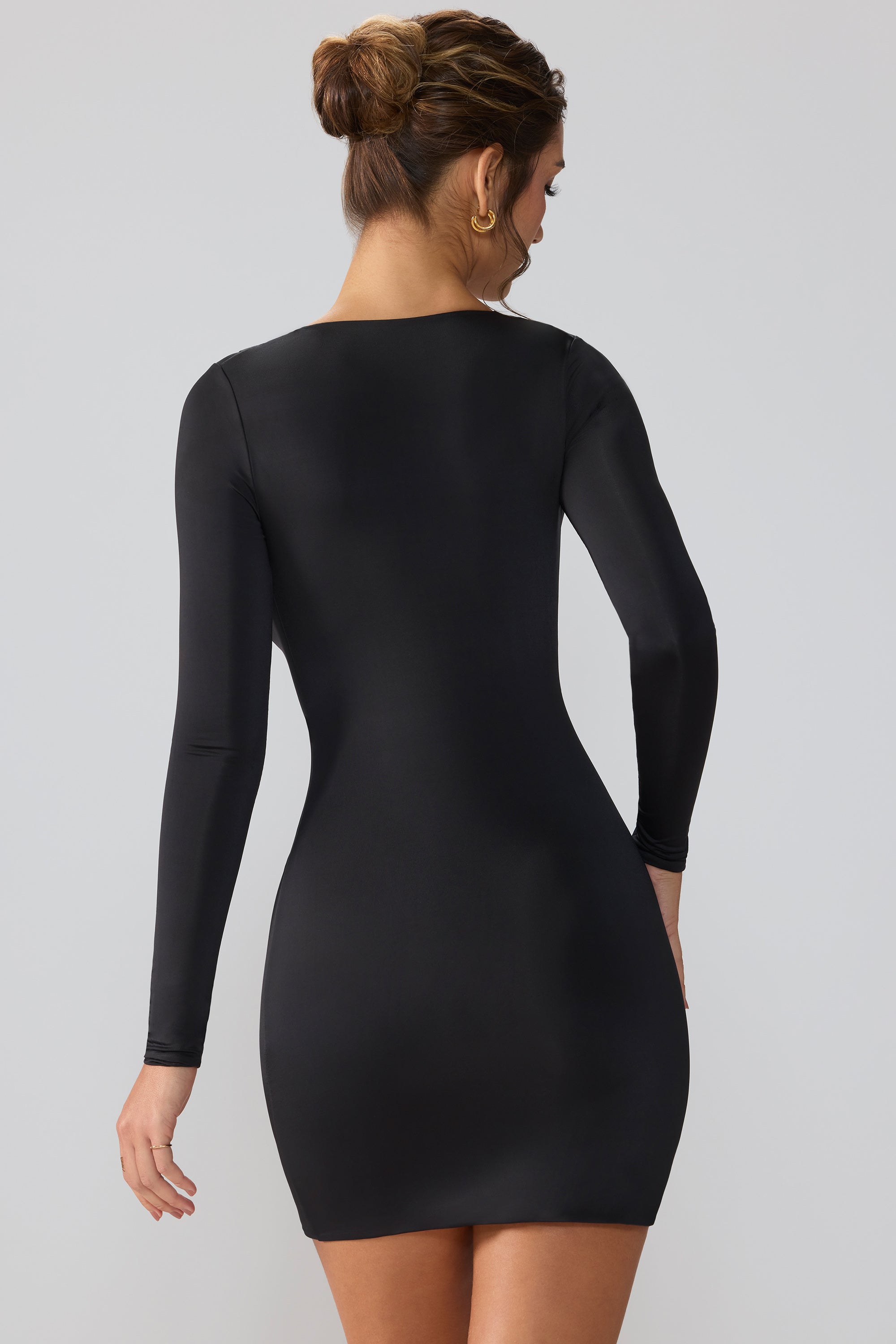 Slinky Jersey Long Sleeve Plunge Neck Mini Dress in Black、mySite、solidvoid