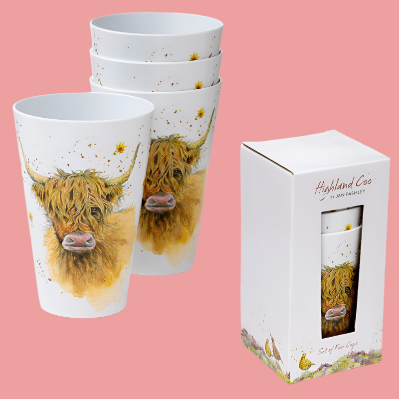 Highland Coo Cow Set of 4 Recycled RPET Picnic Cups、mySite、g9winljtr