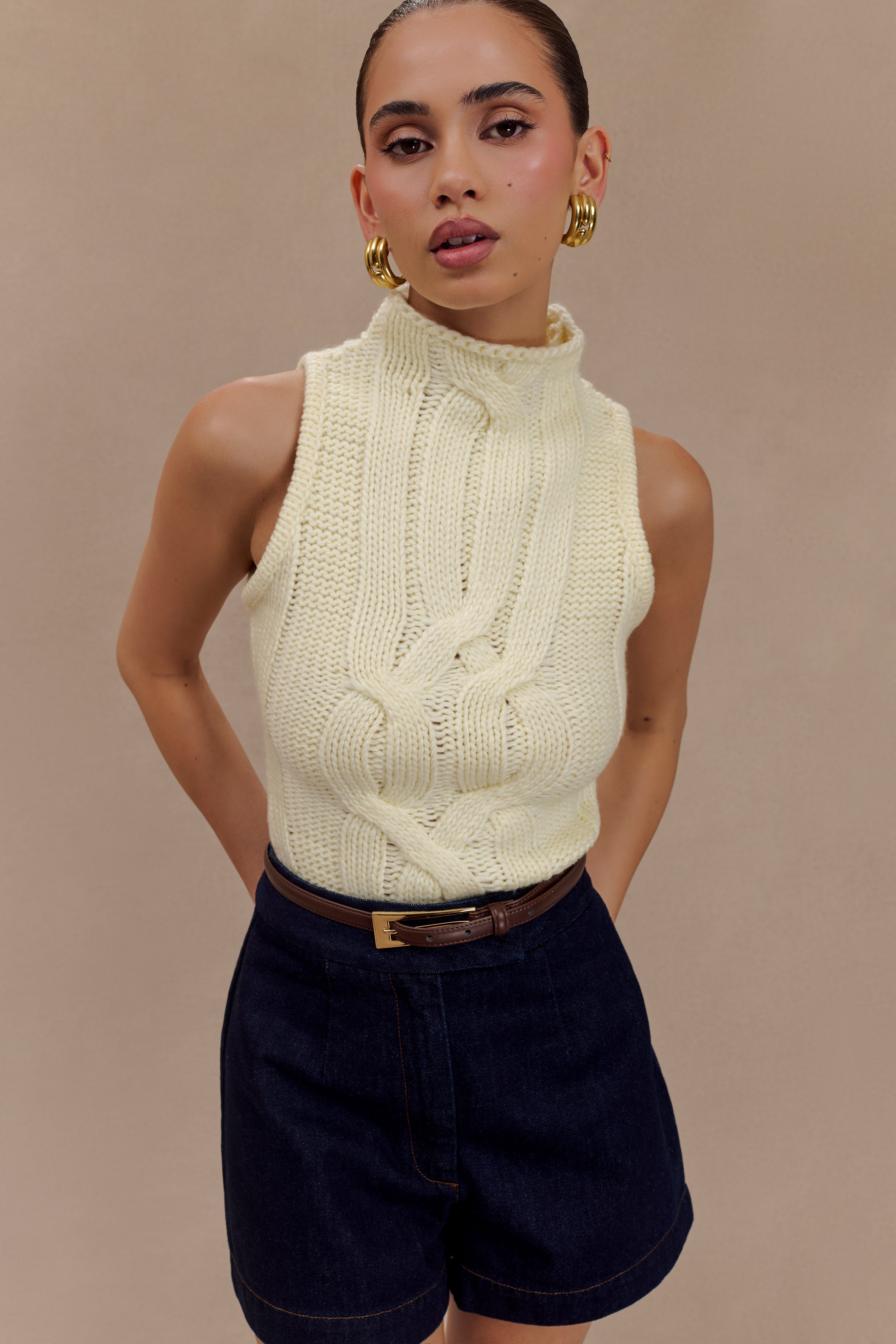 Roberta High Neck Cable Knit Top - Ivory、mySite、solidvoid