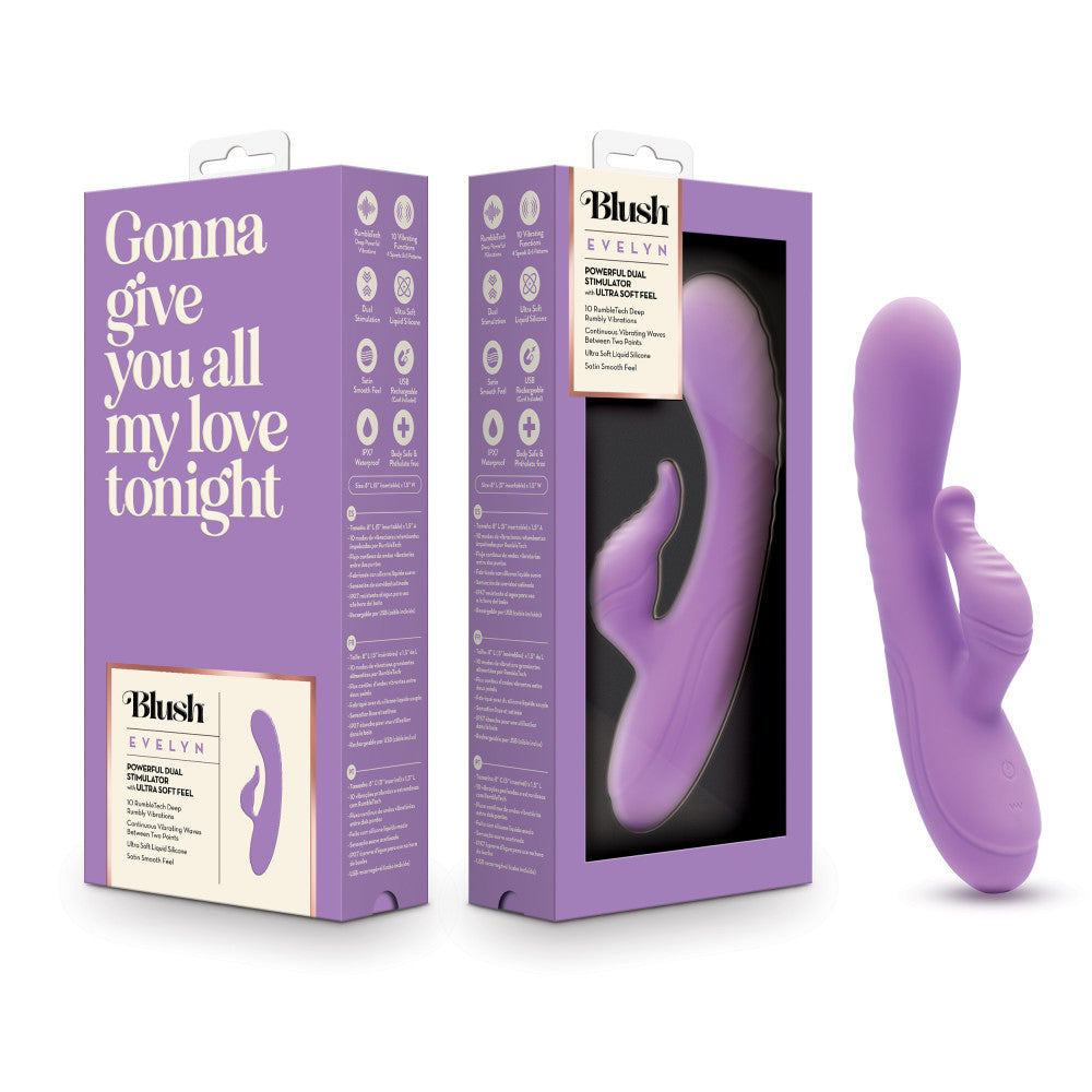 Blush Evelyn 8 Inch Rabbit With Dual Vibration Points In Purple - 10 Powerful RumboTech™ Modes Made With Ultra-Soft Liquid Silicone.、mySite、bottomscart