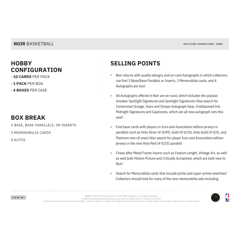 2023/24 Panini Noir Basketball Hobby 4 Box Case、mySite、waistdrama