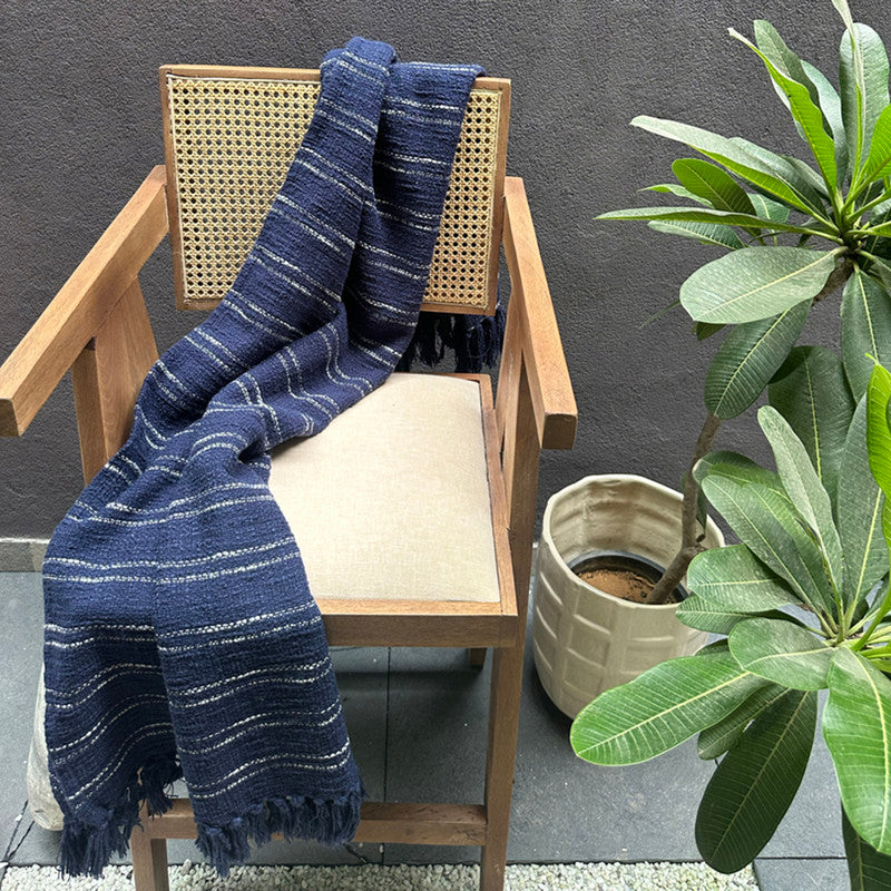 Cotton Throw Blanket | Woven Design | Navy Blue | 190 x 127 cm、mySite、camillekostekn