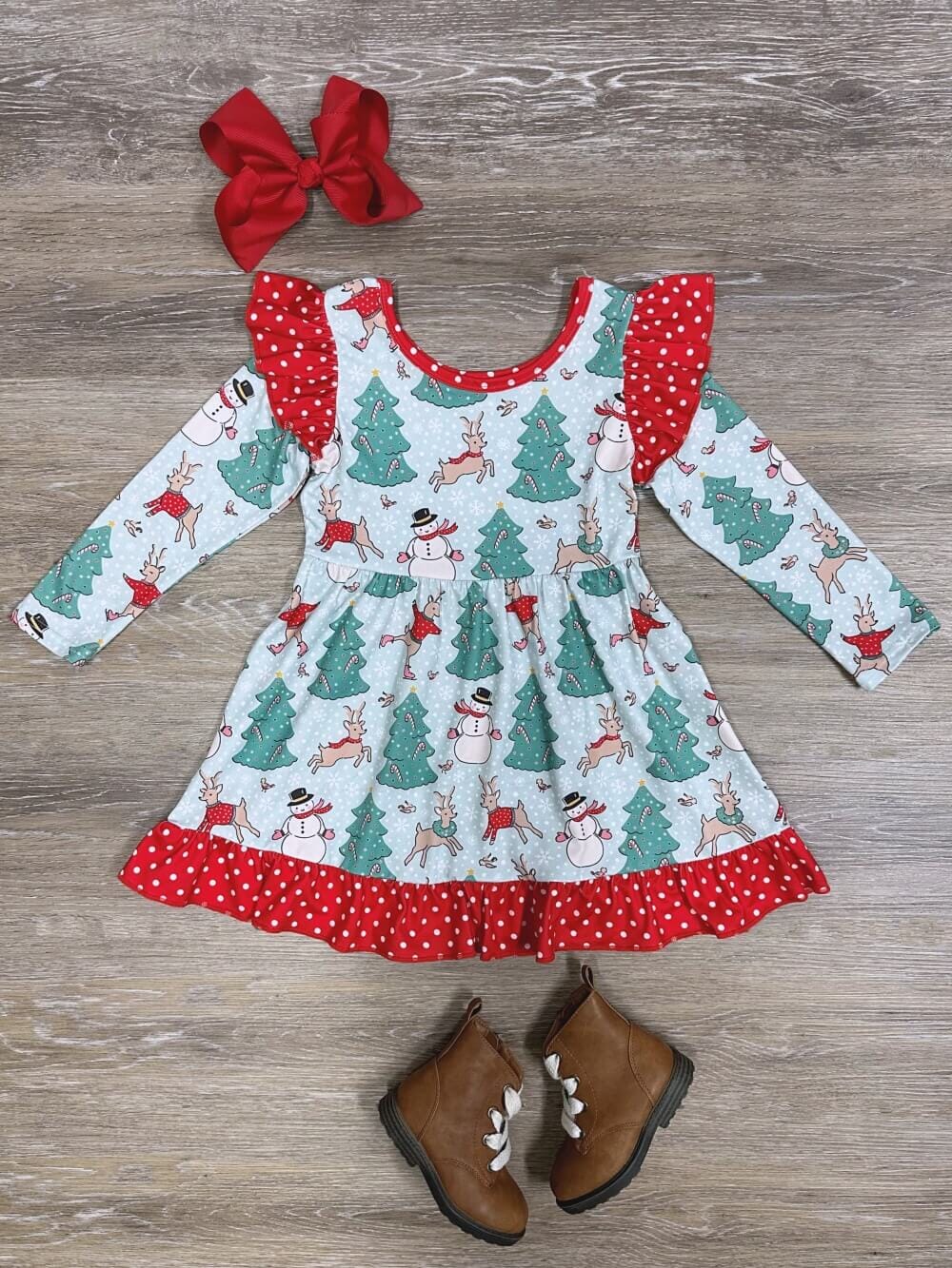 Christmas Dreams Reindeer & Snowman Ruffle Trim Girls Dress、mySite、camillekostekn