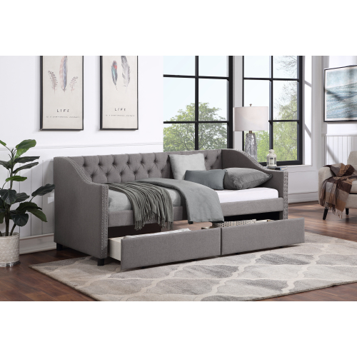 Upholstered Twin Size daybed with Two Drawers, Wood Slat Support, Gray(OLD SKU :LP000011AAE)、、casual
