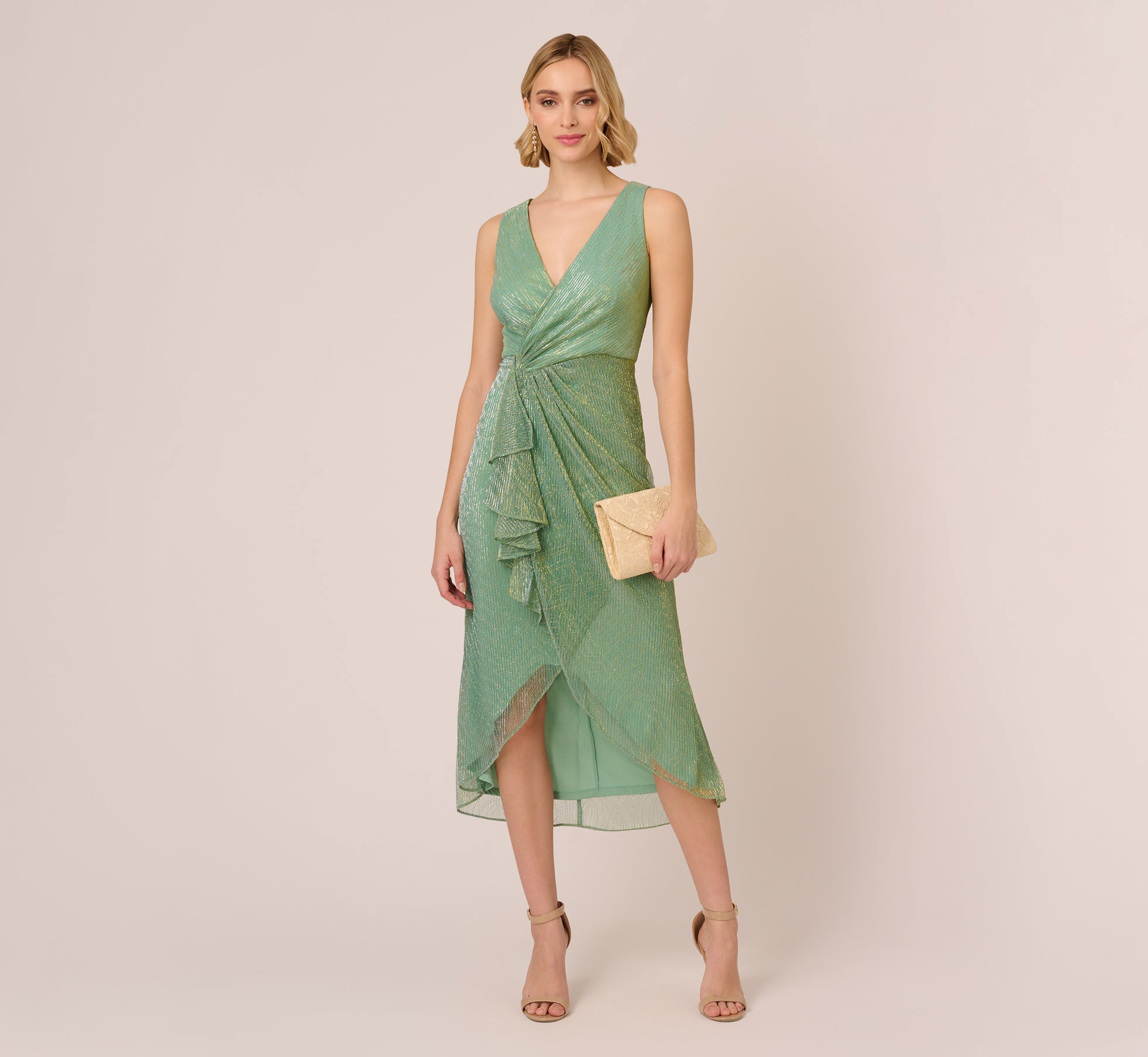Crinkle Metallic Faux Wrap Dress With Draped Detail In Green Slate、mySite、solidvoid