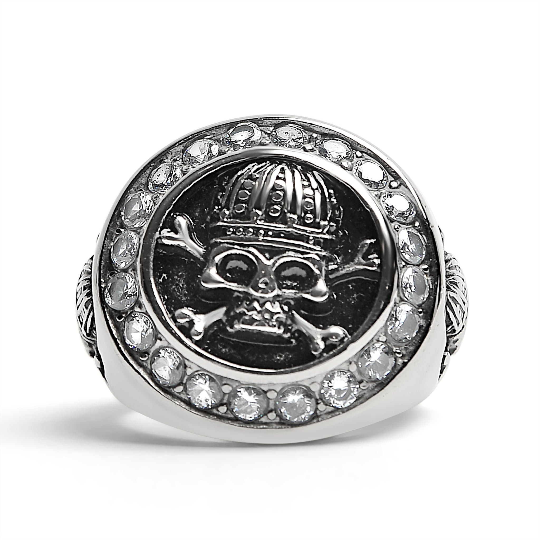 Stainless Steel King Skull And Crossbones With CZ Accent Stones Signet Ring / SCR4052、mySite、dreamappss