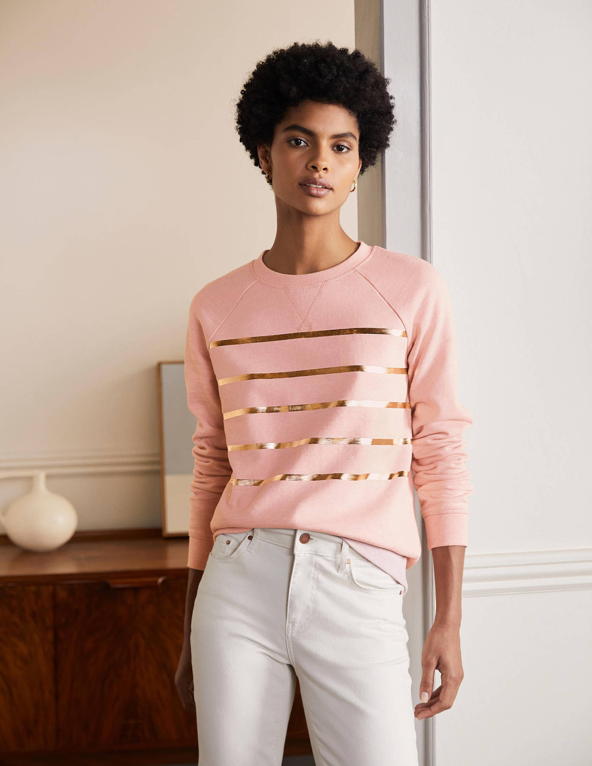  Printed Cotton Sweatshirt-Pink Marl, Gold Foil Stripe、mySite、ashleygrahame