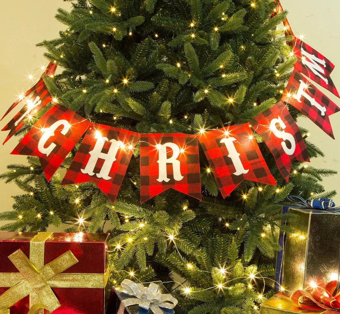 Merry Christmas Plaid Banner Garland Polyester Imported 8.75' L、mySite、g9winljtr