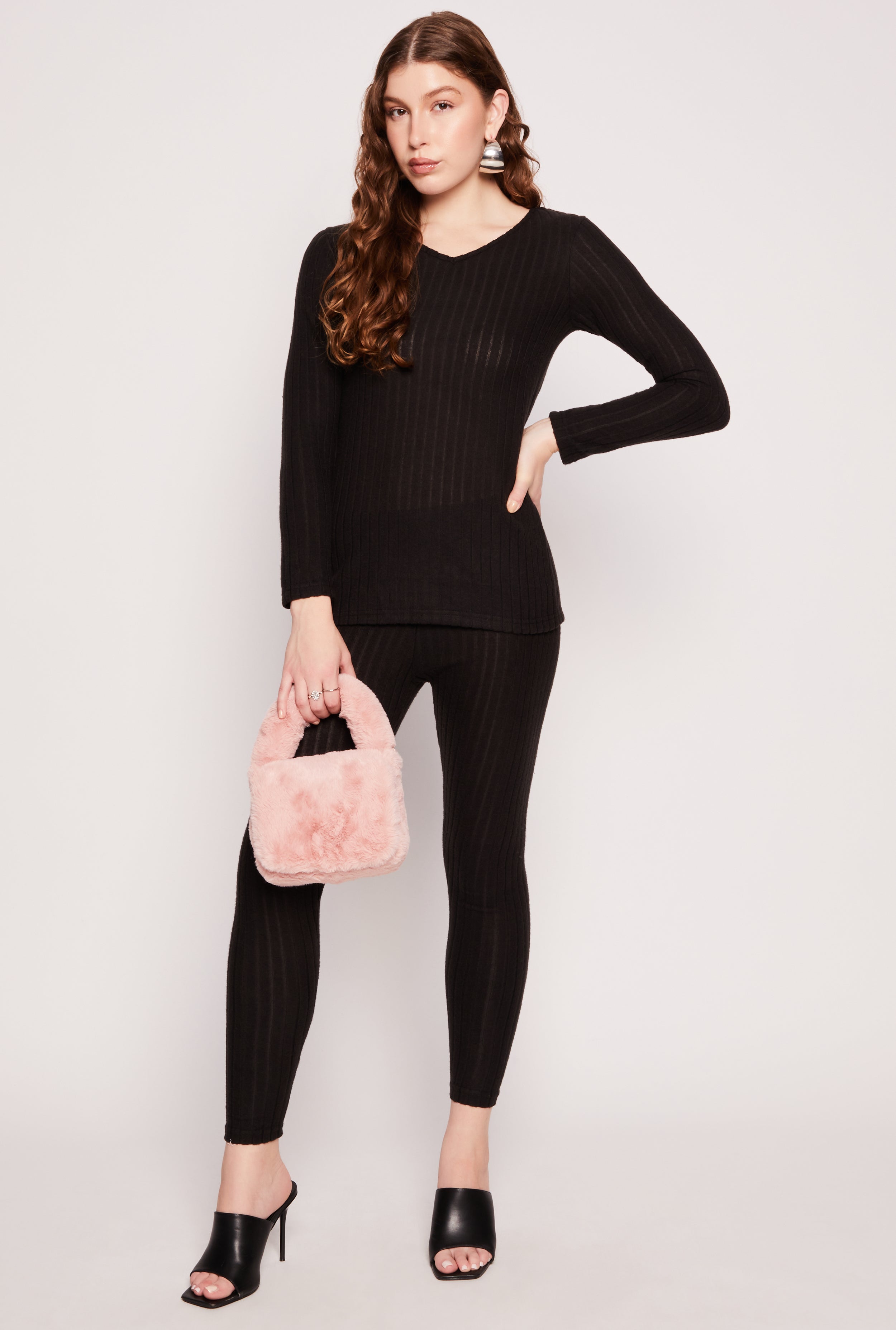 Brushed Rib Knit V Neck Long Sleeve Top、mySite、camillekostekn