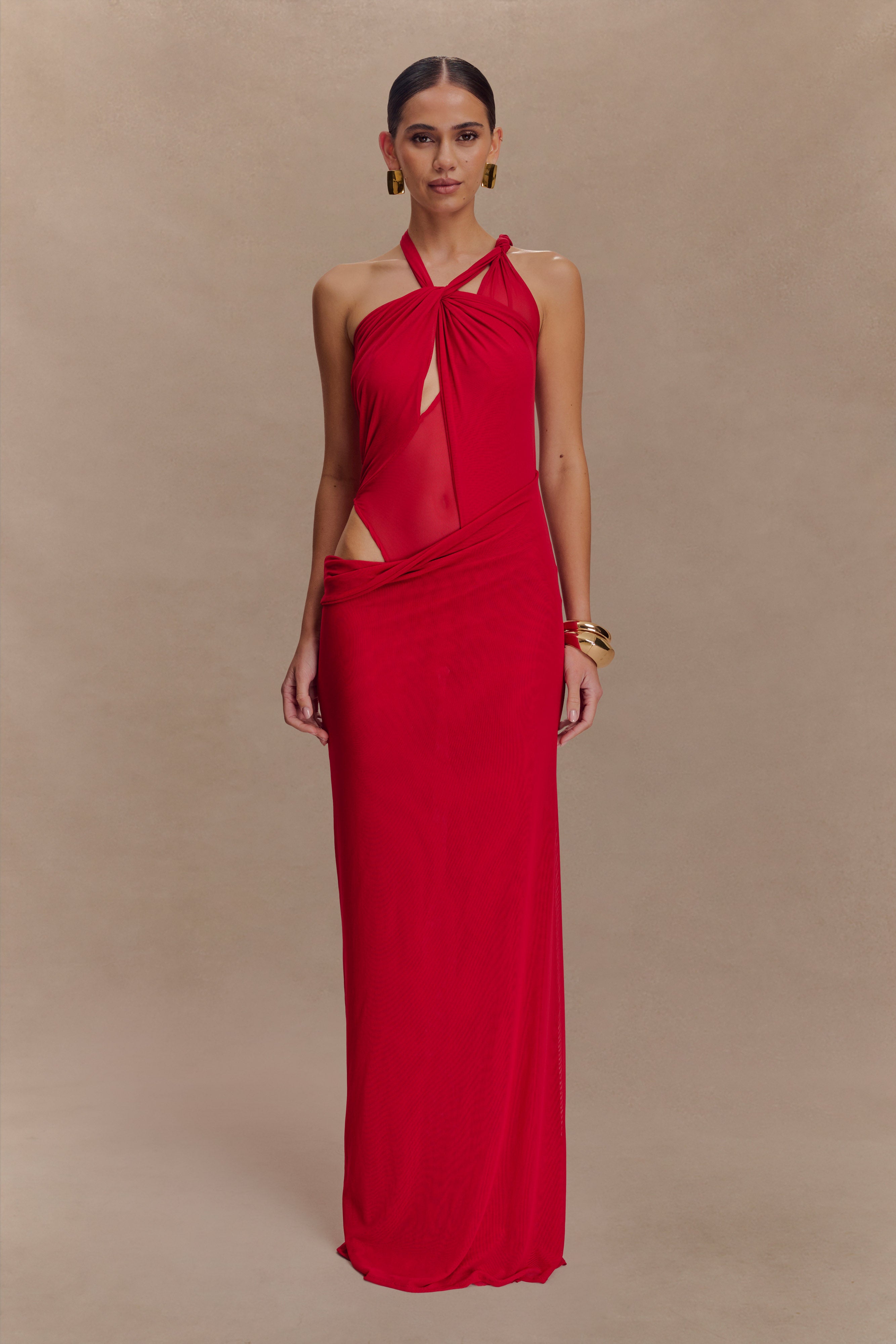 Edwina Knotted Mesh Maxi Dress - Red、mySite、solidvoid