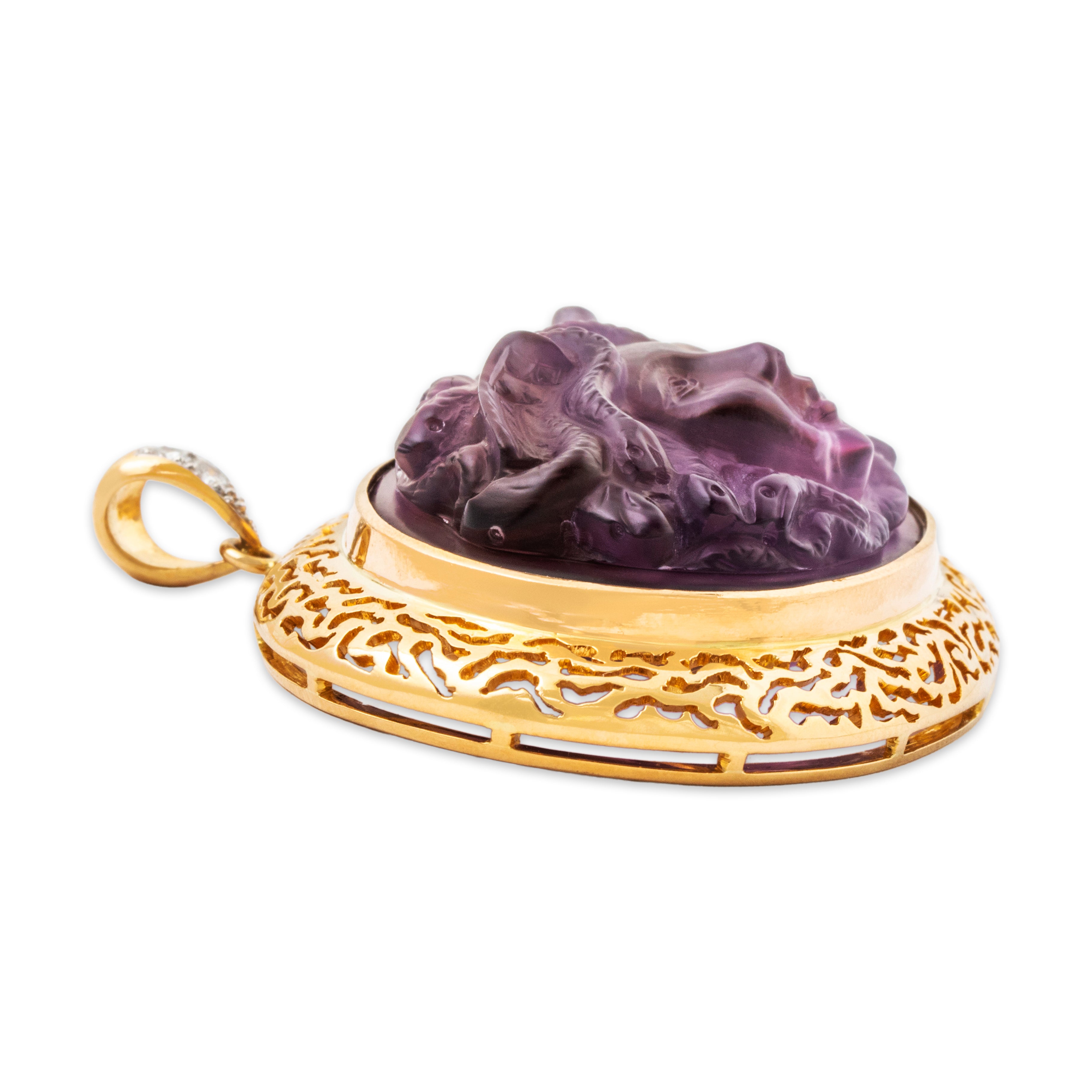 Vintage Oversized 18k Yellow Gold 95ct Amethyst Diamond Carved Medusa Pendant、mySite、hinf8tx79