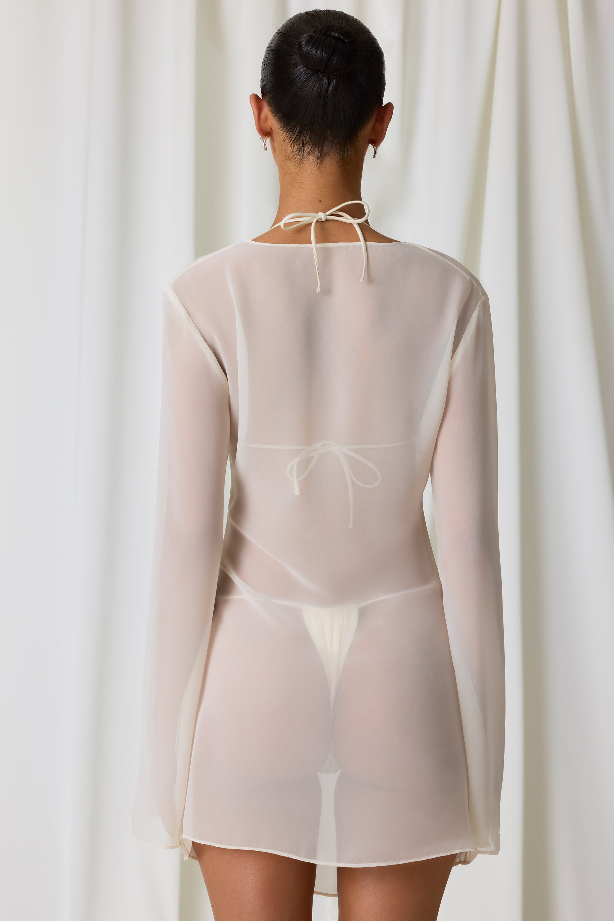 Pearl-Detail Cowl-Neck Micro Mini Dress in Pearl White、mySite、solidvoid