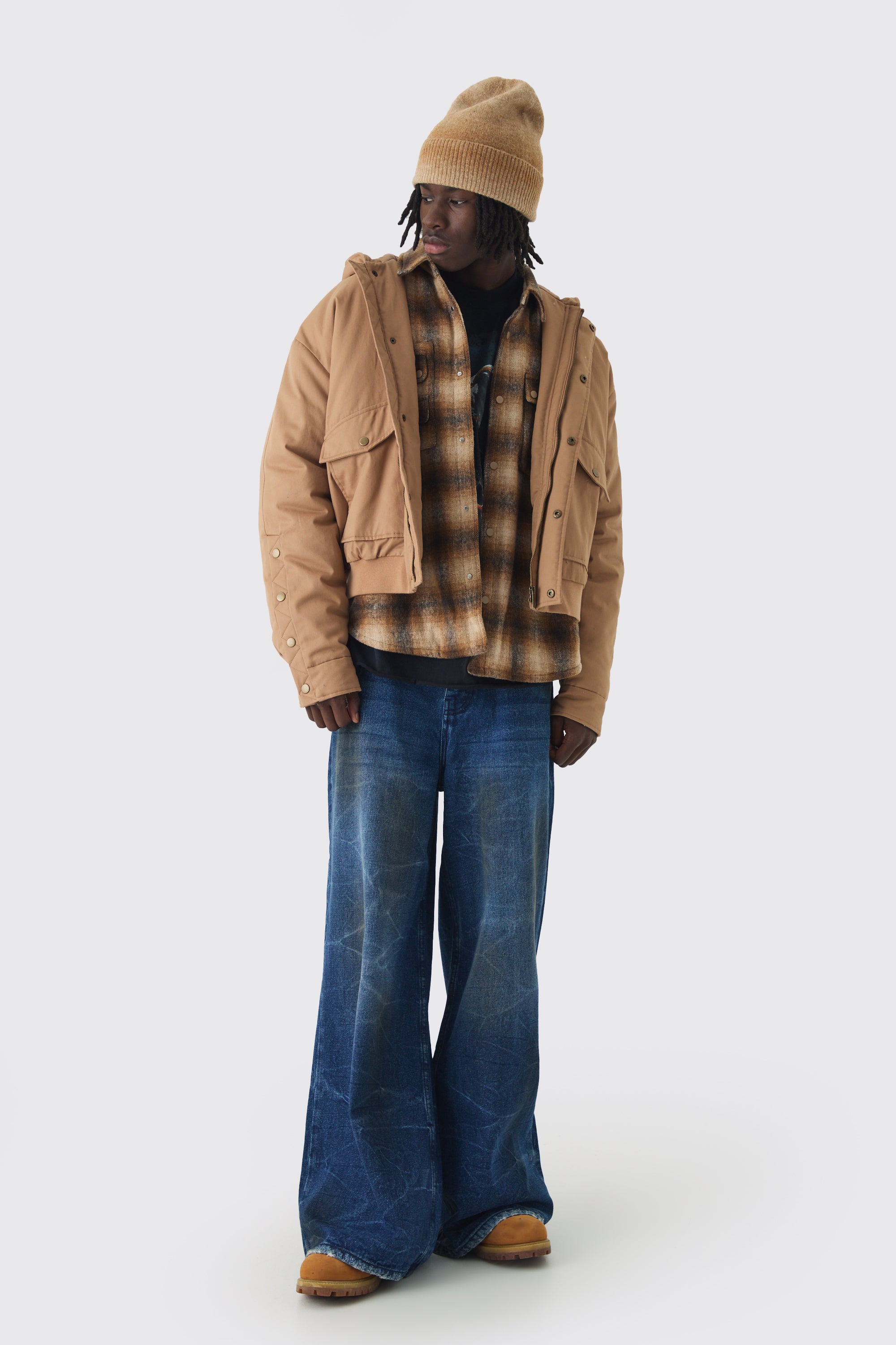  Boohooman Hooded Twill Popper Sleeve Bomber Jacket Brown、mySite、justintrudeaud