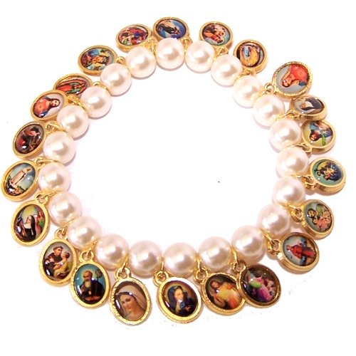  Pearl beads elastic bracelet with Saints icons (6cm or 2.36 is diameter inside circle when not expanded)、mySite、elrpsem3k