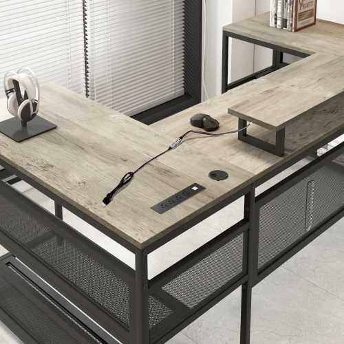 U Shaped Desk with Power Outlets & LED Strip & Monitor Stand, L Shaped Desk with Storage Shelf, Home Office Gaming Desk, Vintage、、casual