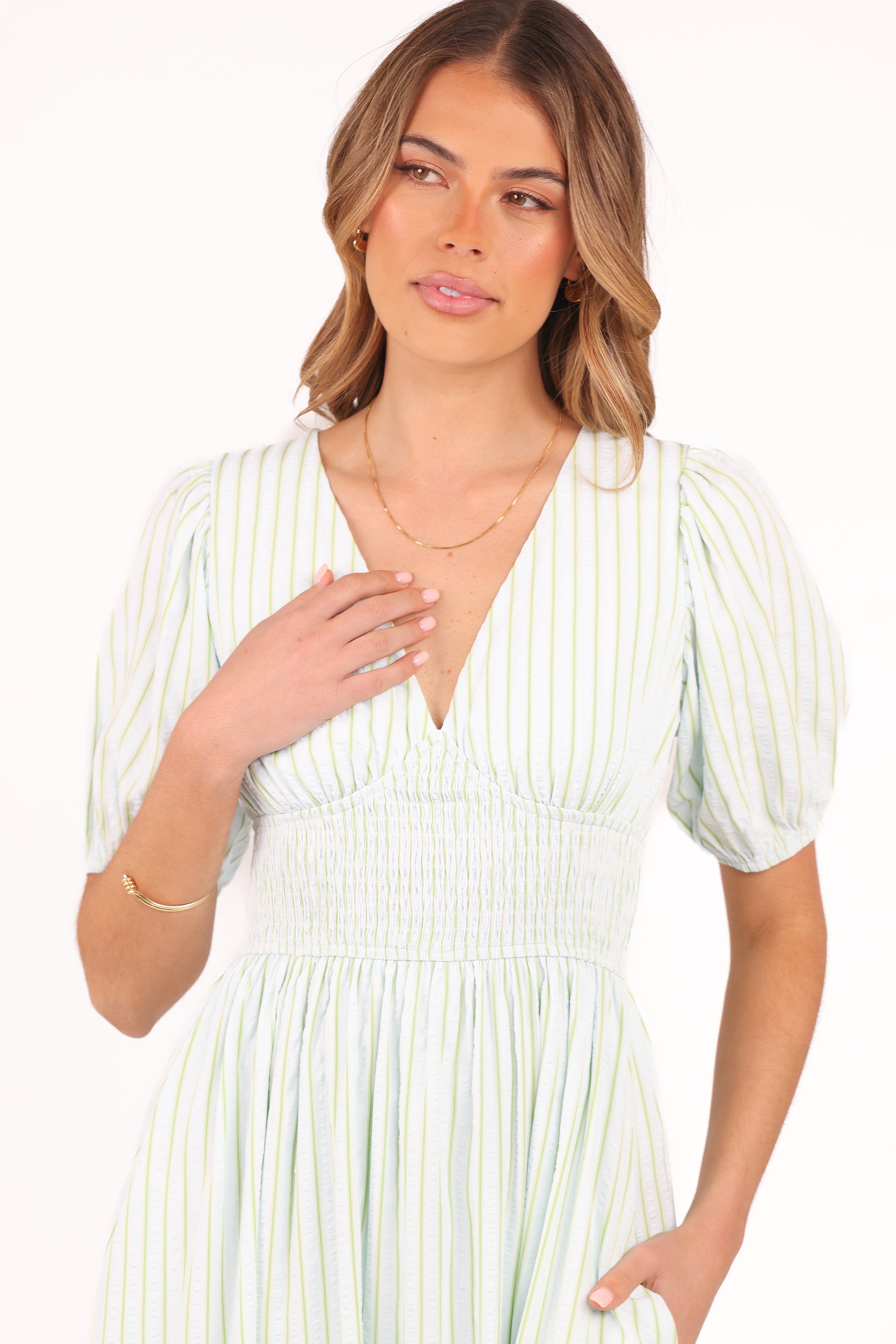  Ronnie Short Sleeve Midi Dress - Green Blue Stripe、mySite、sugarbowlscore