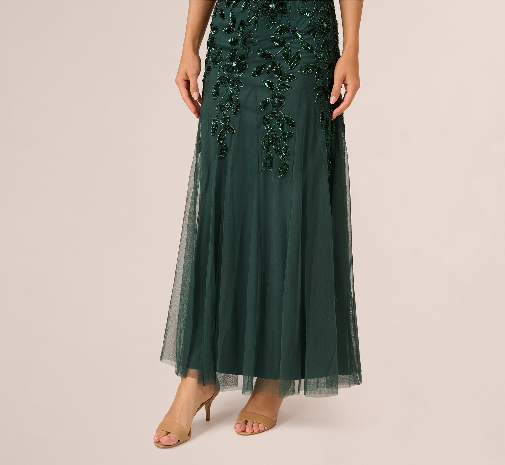 Hand Beaded Short Sleeve Floral Godet Gown In Dusty Emerald、mySite、solidvoid