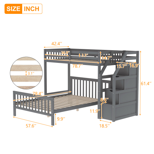 Twin over Full Loft Bed with Staircase,Gray(OLD SKU:SM000107AAE)、、casual