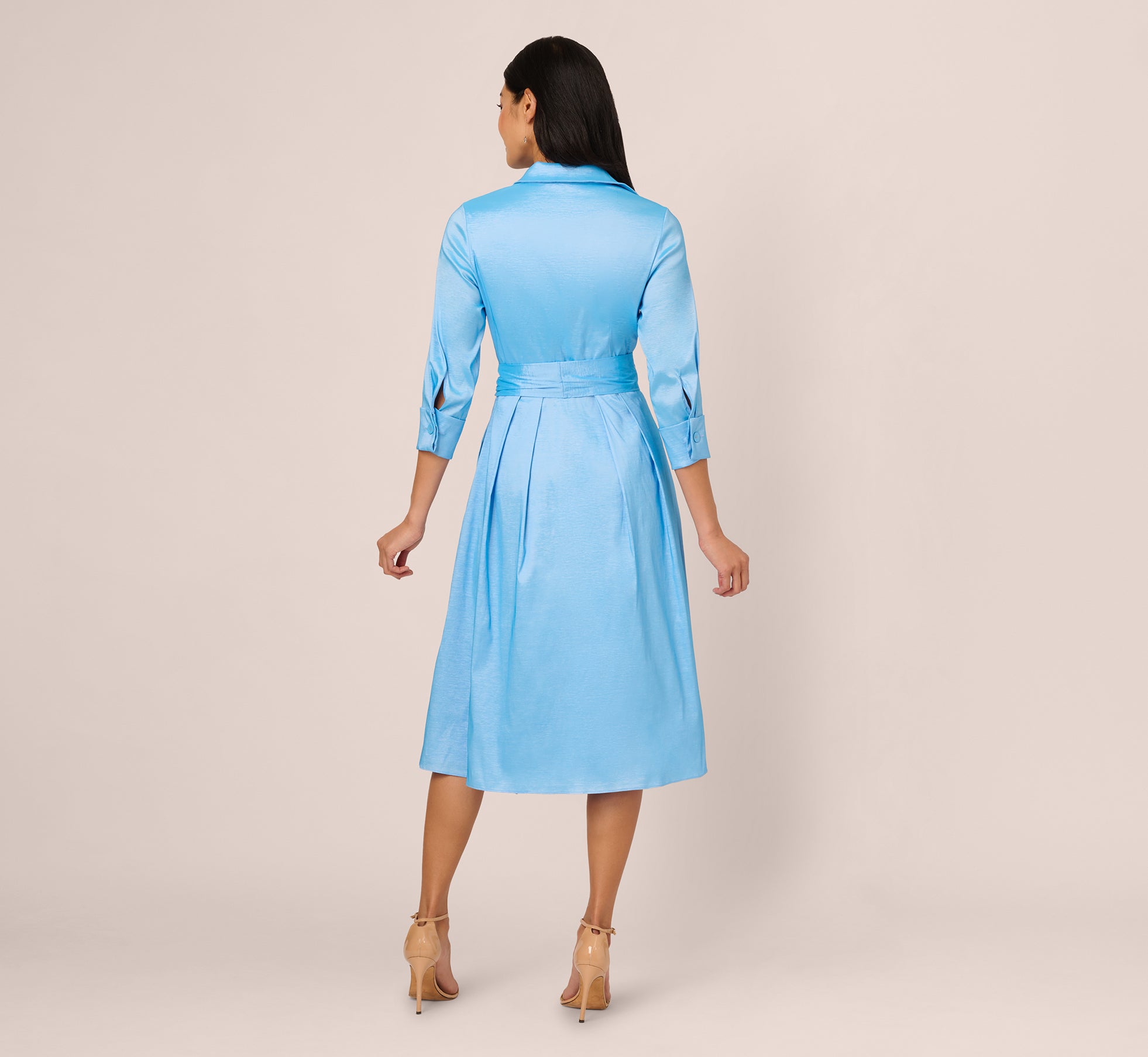 Three Quarter Sleeve Taffeta Midi Shirt Dress In Bluebell、mySite、solidvoid