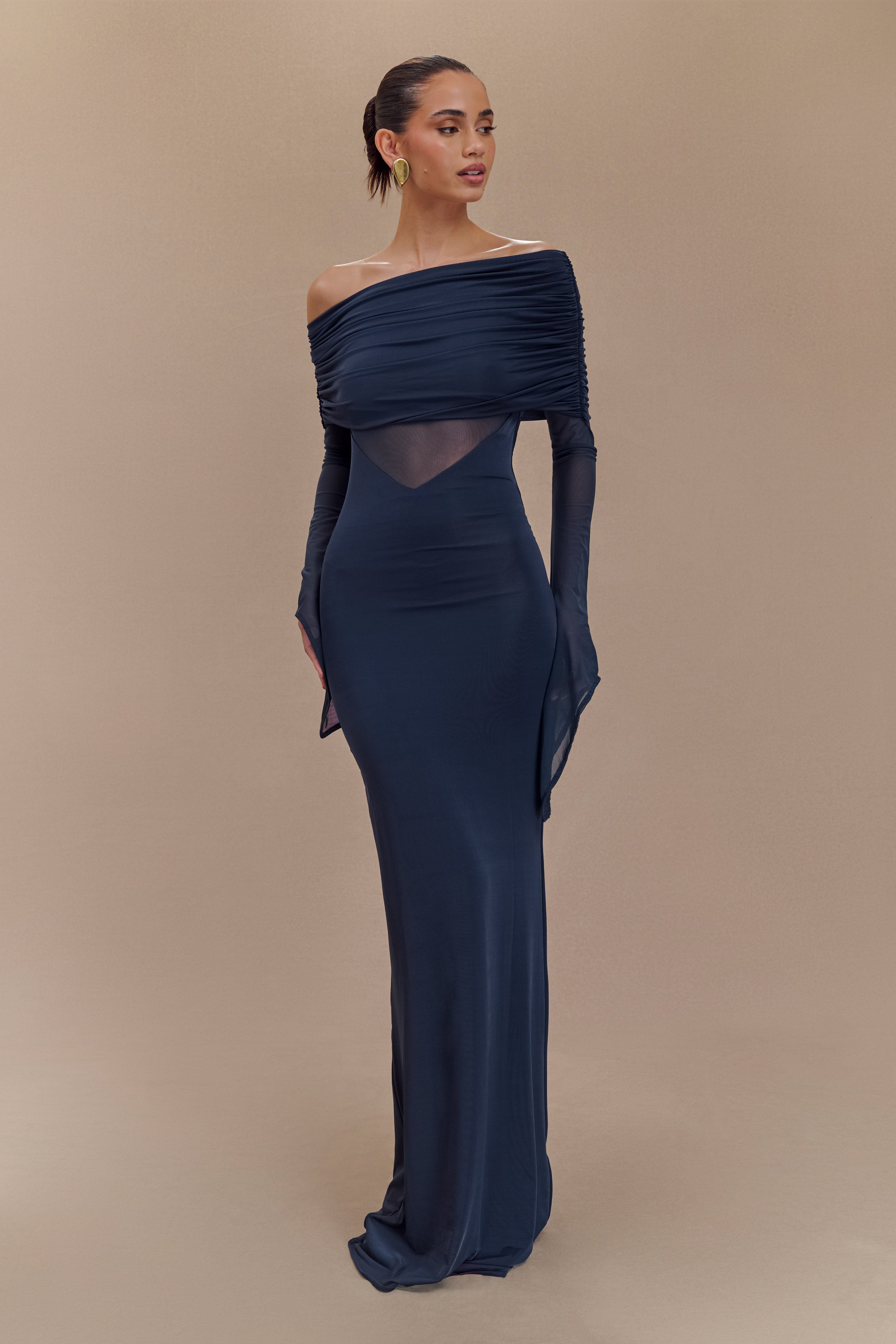 Kaitlin One Shoulder Slinky And Mesh Maxi Dress - Midnight Blue、mySite、solidvoid