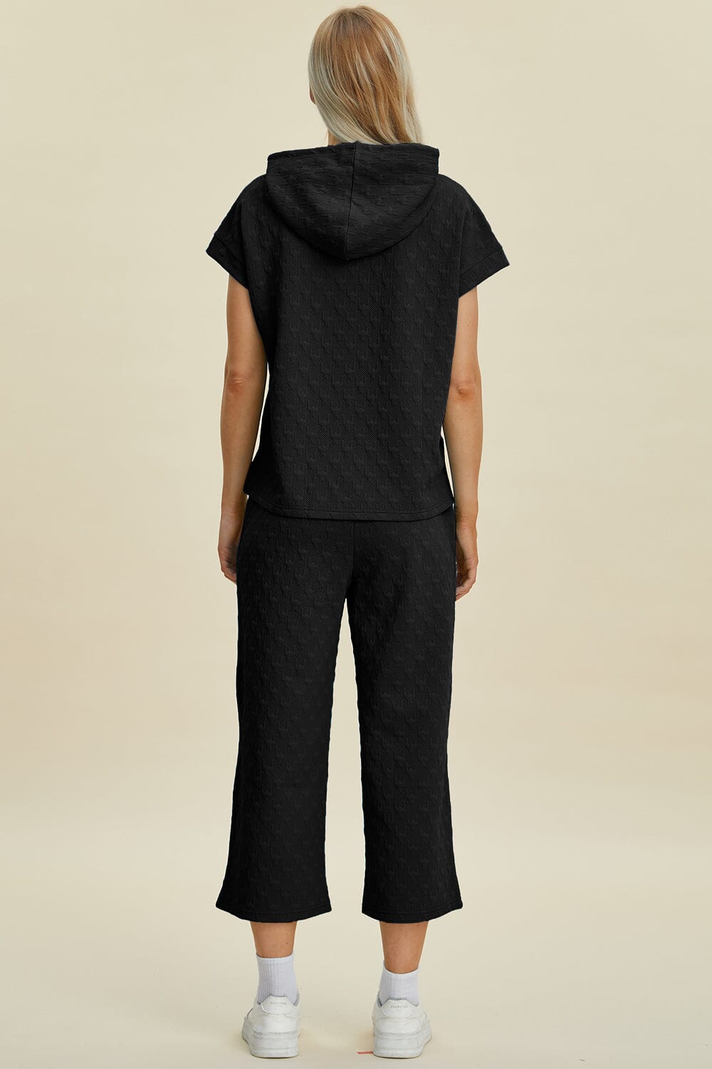 Double Take Full Size Texture Drawstring Short Sleeve Hoodie and Pocketed Pants Set、mySite、camillekostekn