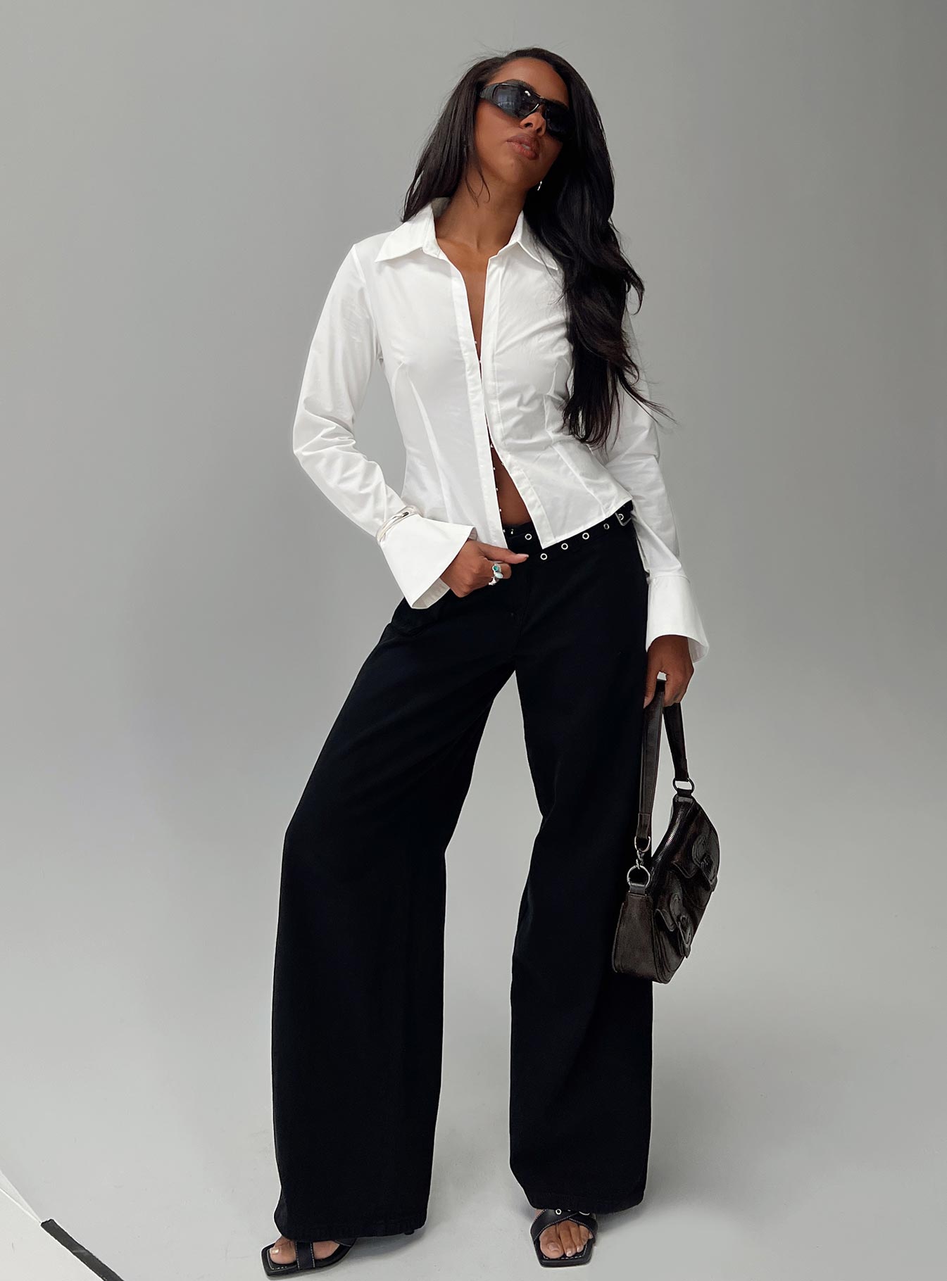 By The Phone Long Sleeve Collared Top White、mySite、solidvoid