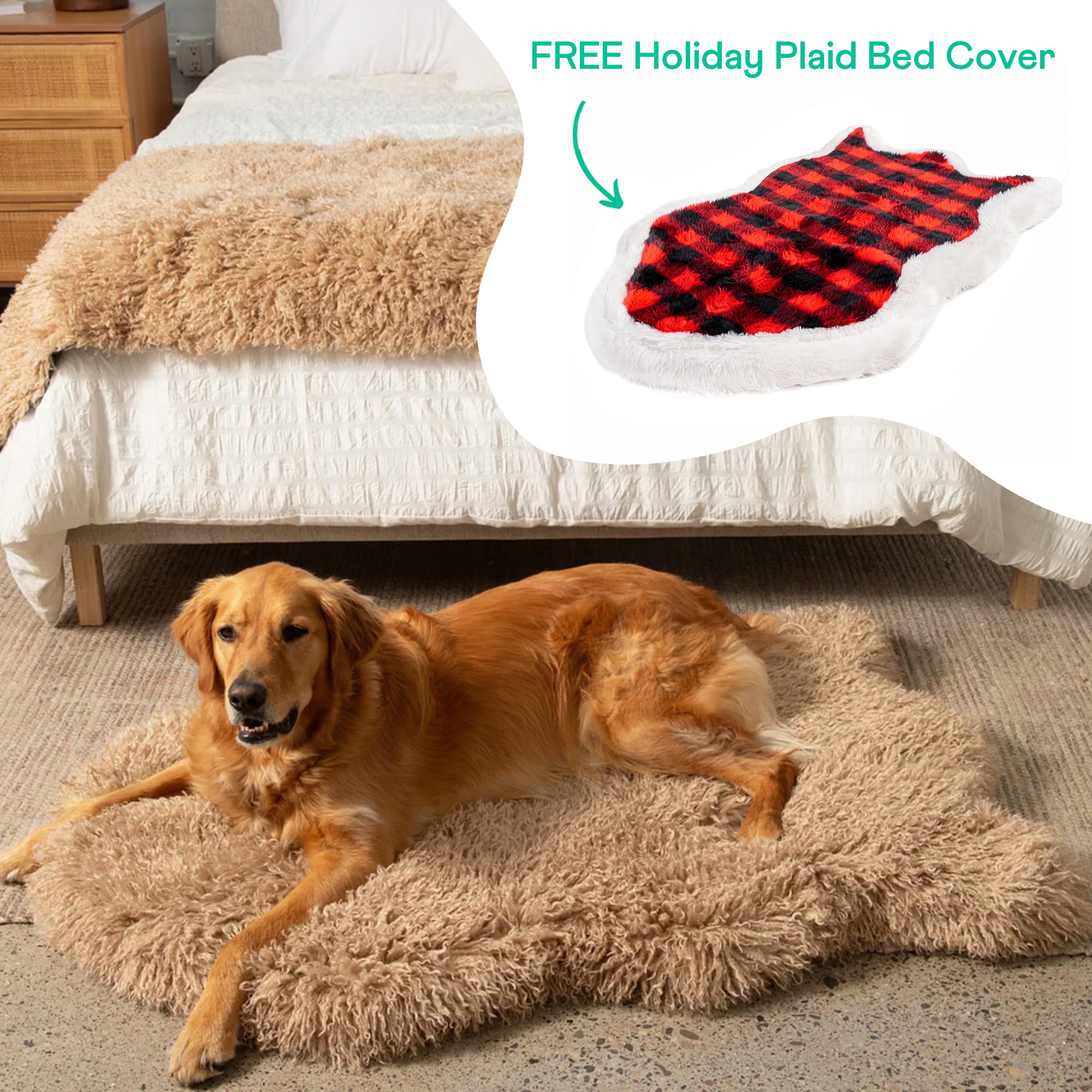 PupRug™ Luxe Faux Fur Tan Plush Sheep Orthopedic Dog Bed + FREE Red & Black Plaid Bed Cover、mySite、solidvoid