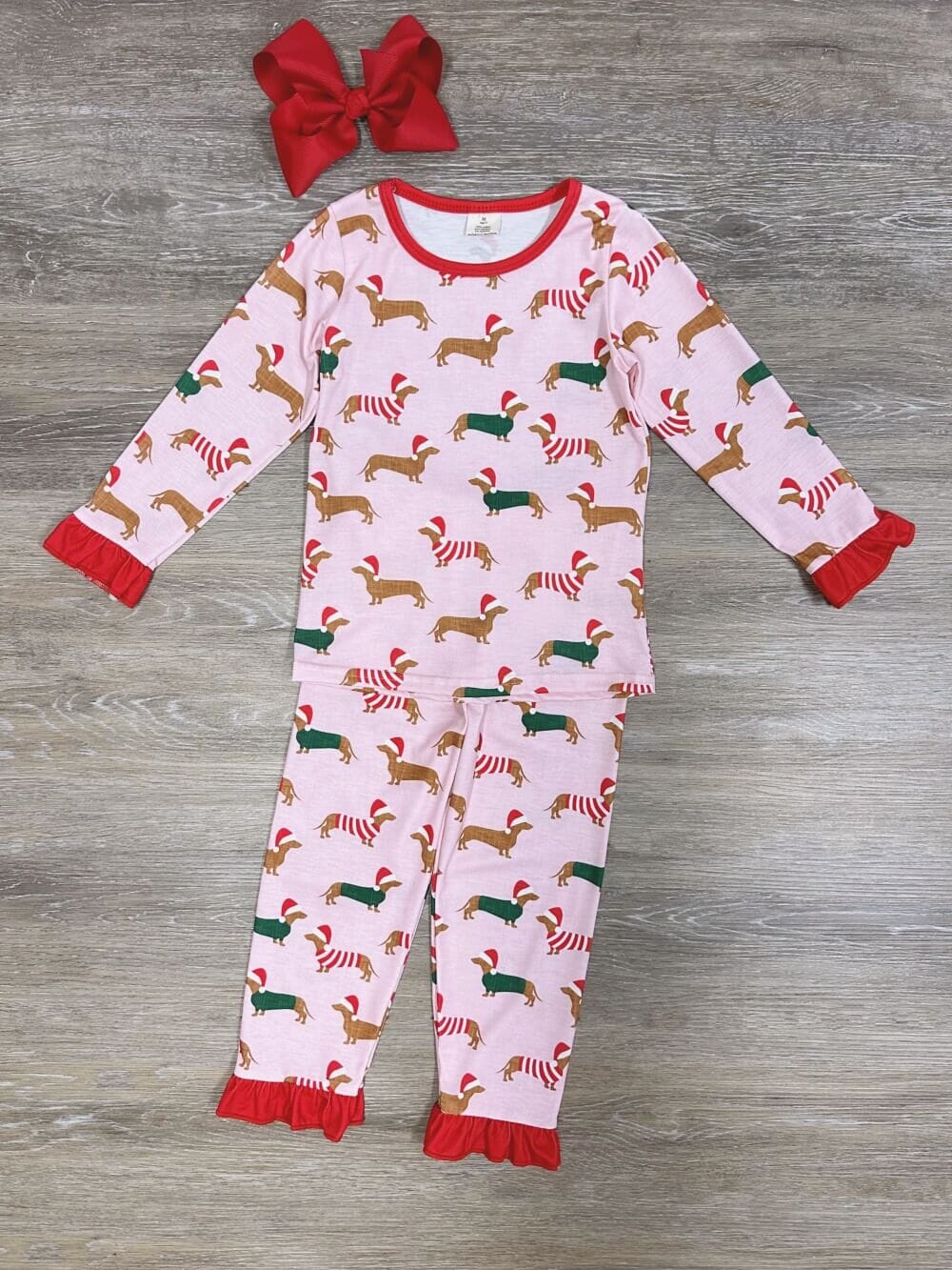 Winter Weiner Dog Pink Girls Christmas Pajamas、mySite、camillekostekn