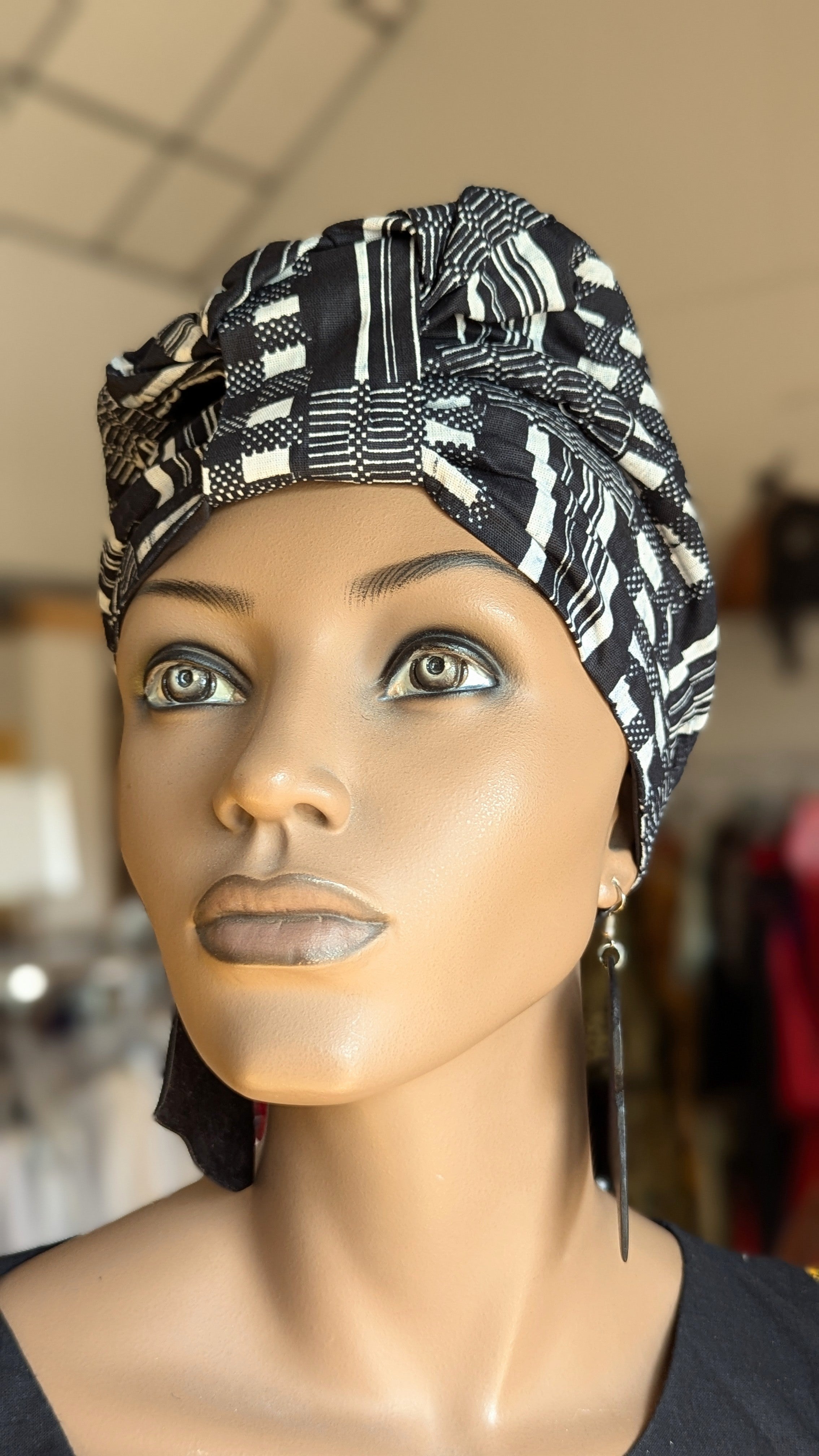 Dupsie's Eshe Black and White Kente African Print Pre-Tied Head Wrap DPB0795PT6、mySite、solidvoid