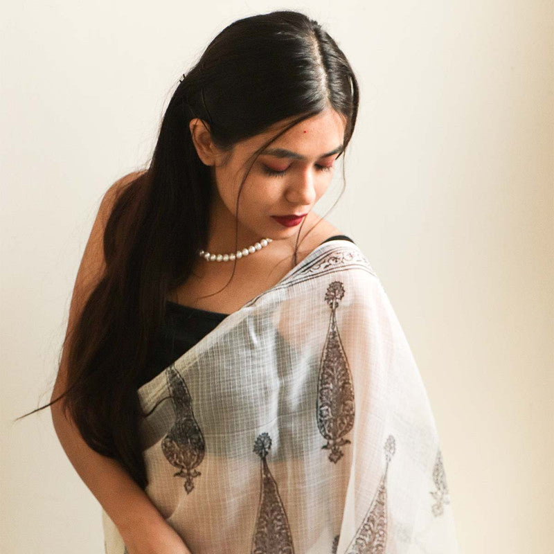 Festive Wear | Handblock Printed Kota Doria Saree | White & Black、mySite、camillekostekn